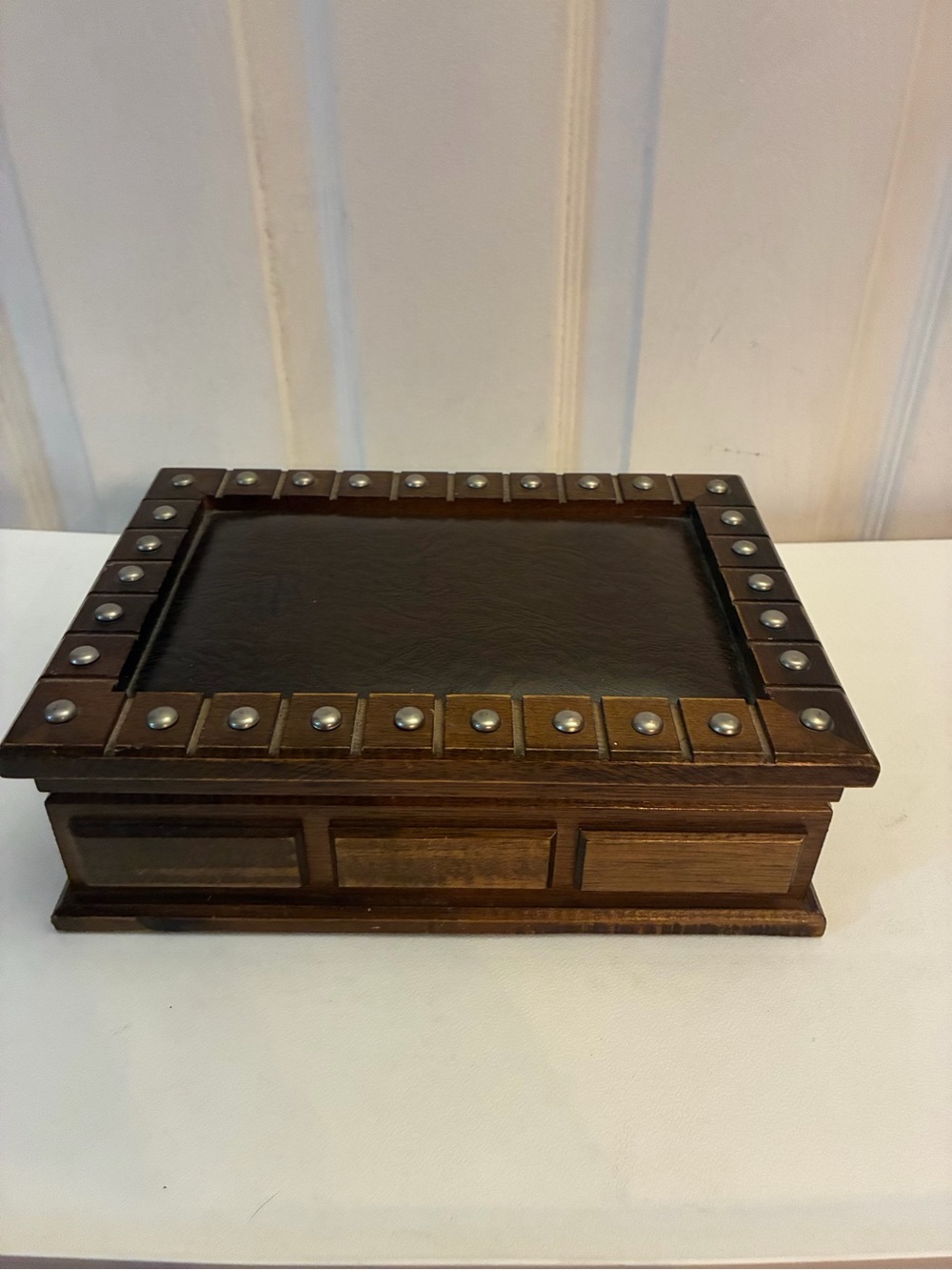 Vintage Mele Wooden Jewelry Box Studded Faux Leather Lid Red Velvet Valet Case